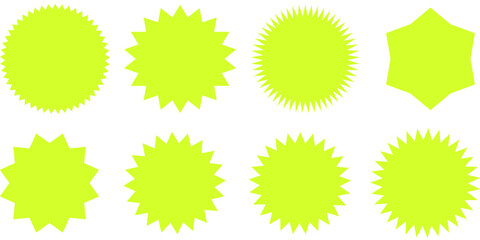 A collection of eight bright lime green starburst and geometric shapes on a white background.