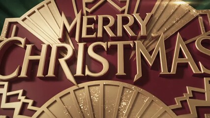 Animated retro merry Christmas lettering. Art deco gold text with fan motifs on green background. Vintage holiday greeting design concept.