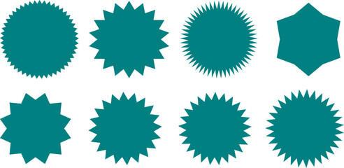 A collection of eight different teal starburst and seal shapes on a white background.