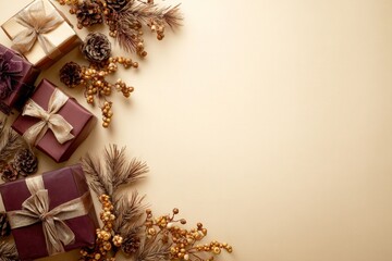 Elegant wrapped presents and natural festive decorations border a plain background space