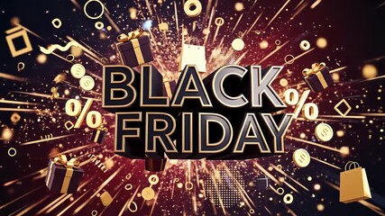 Black Friday sale event explosion with discount percentages, gift boxes, shopping bags, and falling coins, showcasing a concept of massive savings and deals. - Powered by Adobe
