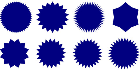 Fototapeta premium A collection of eight different dark blue starburst and seal shapes isolated on a white background.