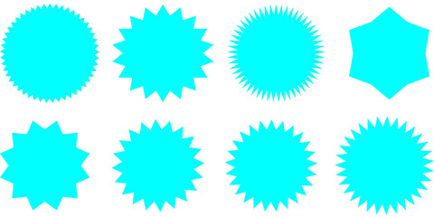 A collection of eight different cyan starburst, sunburst, and seal shapes on a white background.