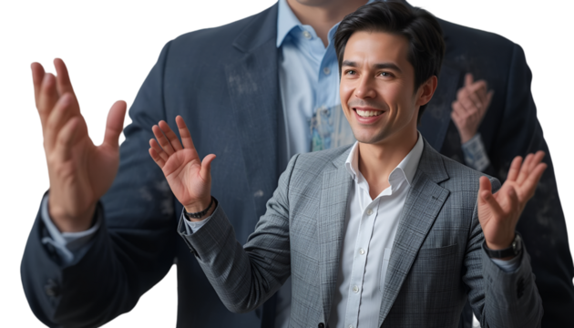 : Engaged Businessman or Speaker in a Suit Gesticulating with Open Hands While Talking - Powered by Adobe