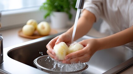 Hands are scrubbing a bright sponge under water, showcasing cleanliness in a warm, inviting kitchen environment