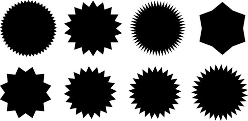 A collection of eight black silhouette starburst and seal shapes for graphic design elements on a white background.