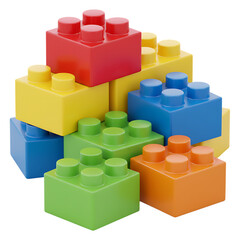 Colorful interlocking plastic building toy bricks stacked pile isolated on transparent background