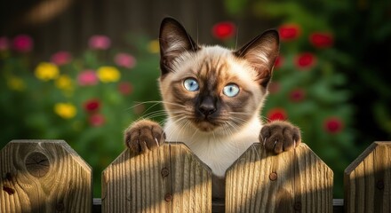 Cute siamese kitten with striking blue eyes peeking over wooden fence in sunny garden