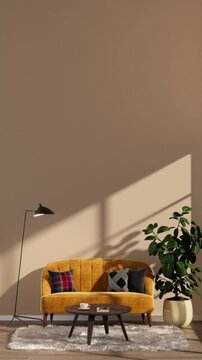 Furniture Store Concept: Vertical 3D Render of a Mustard Loveseat with Dynamic Moving Shadows and Plant for Digital Showroom Display