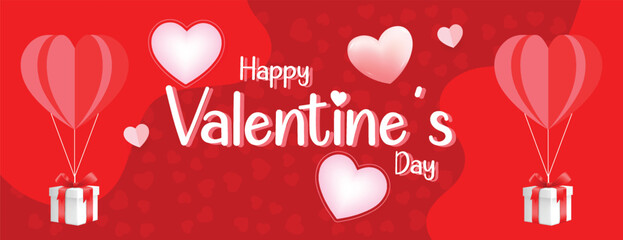 Elegant Valentine’s Day horizontal banner with 3D heart graphics, modern vector layout, romantic greeting card and invitation design for social media header and website promotional templates