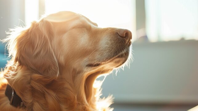 Golden retriever dog with closed eyes resting indoors near a window with sunlight.