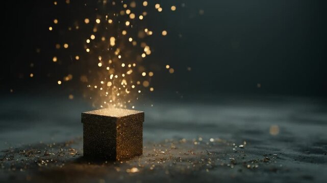 Golden magical sparkles erupting from a mysterious dark cube on a textured surface, symbolizing surprise, discovery, and wonder.