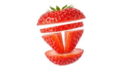 Fresh ripe strawberry sliced and levitating against white background