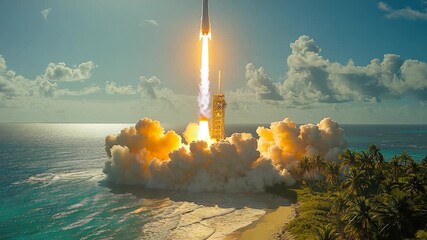 A space shuttle lifting off from the launchpad into the sky