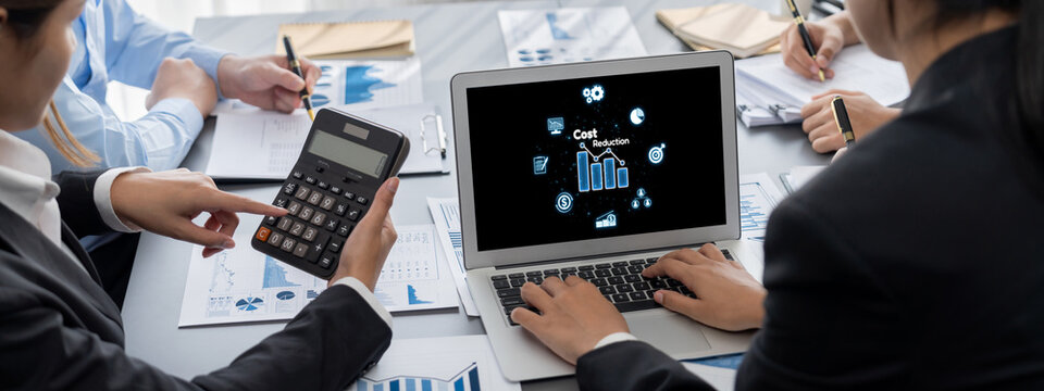 Cost reduction, cost saving concept shown on computer screen brisk, corporate business efficiently save cost and company resources by reduction of unnecessary expenses