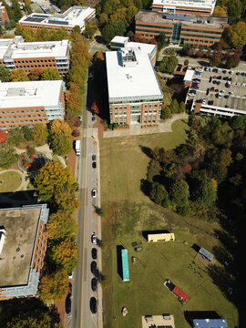 Overhead aerial view of Centennial Campus at North Carolina State University in Raleigh , with "The Corner" at lower right, a gathering space for events