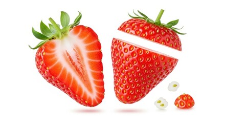 Fresh ripe strawberry cut in half, showing seeds and texture on an isolated white background