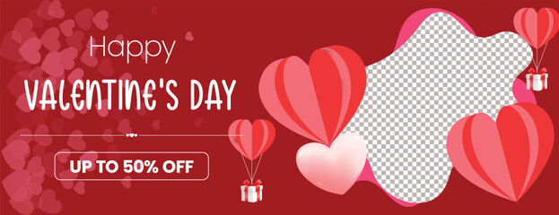 Happy Valentine’s Day sale banner with luxury 3D hearts, romantic vector illustration, modern social media header, website cover, greeting card and celebration invitation banner template background