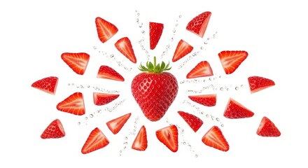 Fresh strawberry slices arranged in a circular pattern around the whole fruit, on an isolated white background