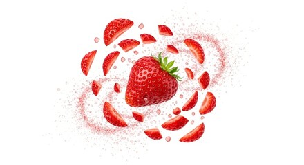 Fresh strawberry slices swirling around whole fruit in a dynamic splash on an isolated white background