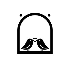 Minimalist window framing heart shaped birds illustration