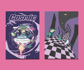 retro psychedelic cartoon posters with a monkey alien and a surreal eyeball character, vector illustration