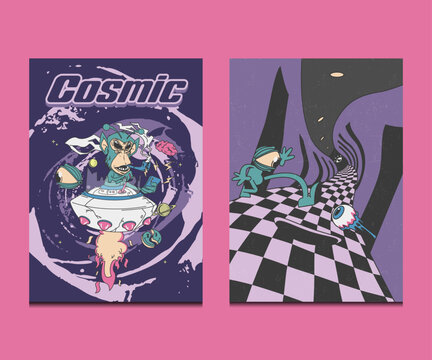 retro psychedelic cartoon posters with a monkey alien and a surreal eyeball character, vector illustration