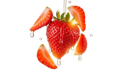 Fresh ripe strawberry with slices and water droplets falling on a white background