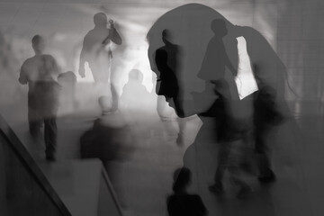 Silhouette of Woman in Deep Thought Overlapping with Busy Crowd – Mental Health, Stress and Urban Anxiety Concept