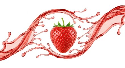 Fresh strawberry splashing in red juice against a white background
