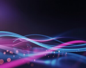 Abstract glowing blue and pink lines flowing with light dots on dark