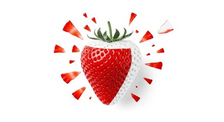 Exploding strawberry with cream and flying pieces on a white background