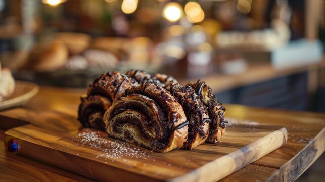 A freshly baked chocolate babka on a wooden cutting board. The background features a cozy café setting with blurred lights and baked goods.