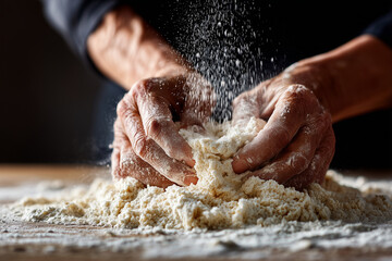 Close-up of hands mixing flour and water into dough, tactile texture, soft warm lighting, artisanal baking,