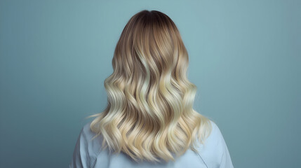 Hair Dye Advertisement Concept, Pastel Green to White Ombre, Long Wavy Hair from Behind for Stylist Portfolio and Salon Promotion