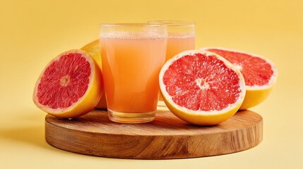 Refreshing Grapefruit Juice with Fresh Grapefruit Halves on Wooden Board.