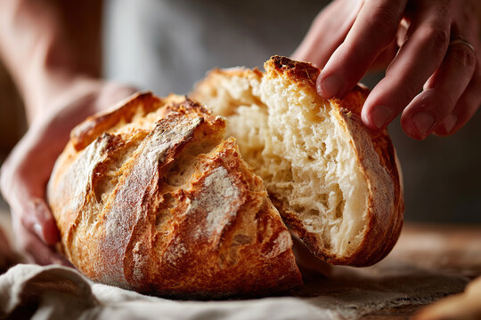 Close-up of freshly baked bread being torn open by hands, soft crumb texture and steam visible, 