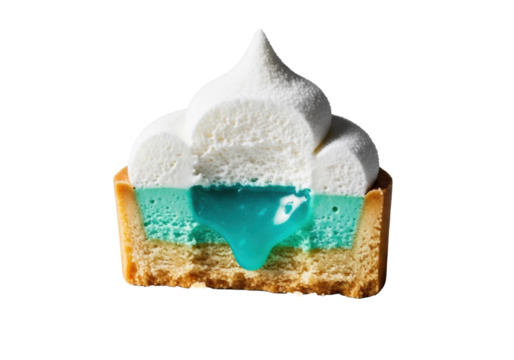 Gourmet 'Coastal Dream' tart slice with a precise bite revealing white coconut foam, turquoise ganache, and golden shortbread crust, on a transparent background, concept of culinary luxury