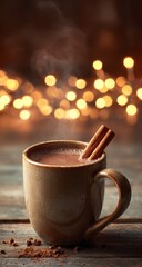 Obraz premium Cozy Hot Chocolate with Cinnamon Sticks on Wooden Table.