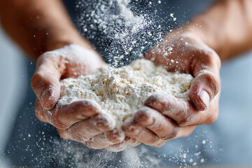 Fototapeta premium Macro view of hands dusting dough with flour, floating flour particles frozen in air, 