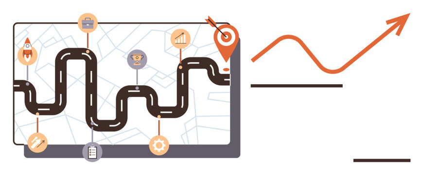 Curved road on map with milestones, target icon, growth arrow. Ideal for strategy, planning, navigation, goals, business achievement success. Simple flat metaphor