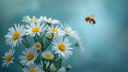 Honeybee on Daisy - Close-up of Pollination, White Flowers with Yellow Centers, Vertical Composition with Soft Blurred Background