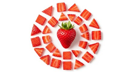 A whole strawberry surrounded by sliced strawberries arranged in an oval shape on a white background