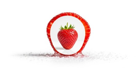 Ripe red strawberry framed in a red oval shape on white background