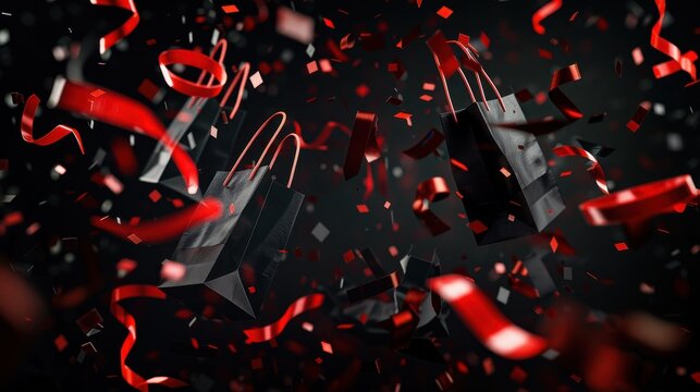 Black shopping bags surrounded by red ribbons and confetti on a dark background. Ideal for promotions and sales events.