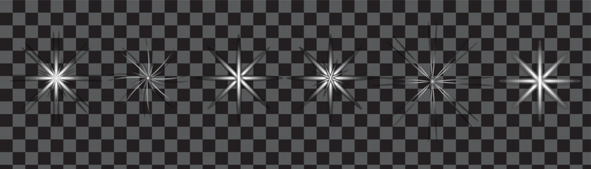 Flash light on black transparent background. Vector glow sparkle effect. Abstract lens flare ignition. Flashing lights