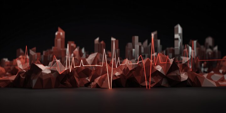 Dynamic heartbeat pulse over an urban landscape in a modern and abstract visual representation