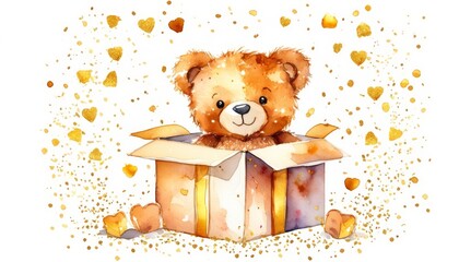 Watercolor illustration Teddy bear sitting in gift box, golden confetti around, cheerful festive composition