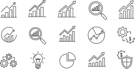 Business data analytics and growth icons in line art style