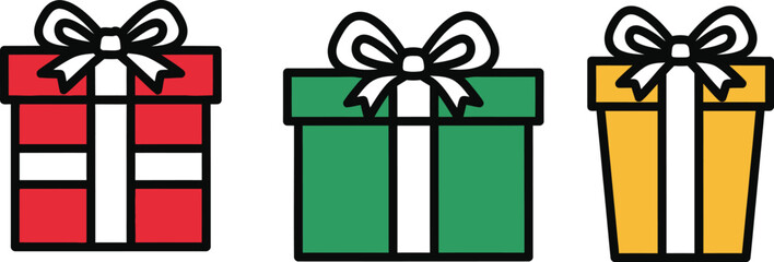 Three colorful gift boxes with bows perfect for holiday celebrations and birthdays